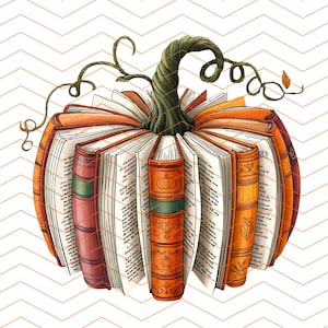 Könnte beinhalten: Eine skurrile Illustration eines Kürbisses aus offenen Büchern. Der Körper des Kürbisses wird von den Seiten der Bücher gebildet, mit orangefarbenen und roten Buchrücken. Eine grüne Ranke mit Ranken und einem Blatt dient als Stiel. Der Hintergrund hat ein weißes und braunes Zickzackmuster.