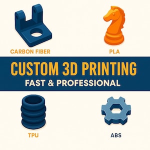 May include: An illustration showcasing custom 3D printing services. The image features a blue bracket labeled "CARBON FIBER", an orange chess piece labeled "PLA", a blue cylindrical object labeled "TPU", and a blue gear labeled "ABS". The text "CUSTOM 3D PRINTING FAST & PROFESSIONAL" is also present.