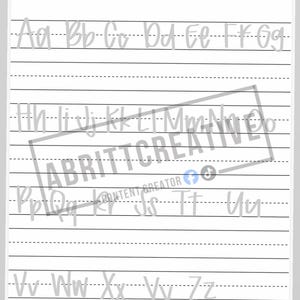 May include: A white practice sheet with black horizontal lines for handwriting, featuring the title My everyday print at the top. The alphabet is displayed in light gray cursive letters from Aa to Zz, overlaid with a watermark reading ABRITTCREATIVE.