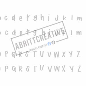 May include: A digital alphabet chart featuring uppercase and lowercase letters in a simple, hand-drawn font style. A rectangular watermark overlay displays the text ABRITTCREATIVE CONTENT CREATOR along with Facebook and TikTok social media icons.