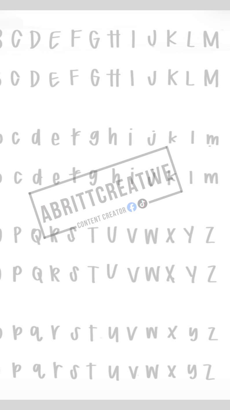 May include: A digital alphabet chart featuring uppercase and lowercase letters in a simple, hand-drawn font style. A rectangular watermark overlay displays the text ABRITTCREATIVE CONTENT CREATOR along with Facebook and TikTok social media icons.