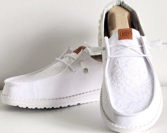 White Lace-covered hey dudes w/ leather patches