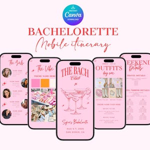 May include: Pink mobile itinerary template for a hen party. The design includes five smartphones displaying different sections: "The Girls", "The Vibe", "The Bach Club", "Outfits Day One", and "Weekend Details". The text includes "Instant Canva Download".