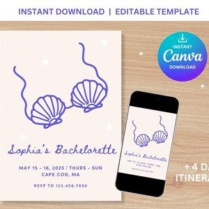 Peut inclure: Modèle d'invitation de fête de bachelorette éditable avec un motif de coquillage violet. Le texte indique "Sophia's Bachelorette" avec les dates "May 15-18, 2025" et l'emplacement "Cape Cod, MA".