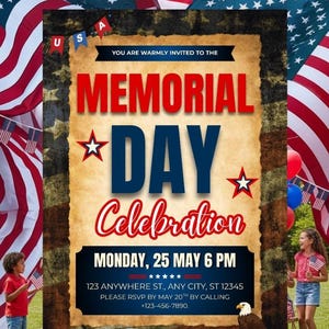 May include: A Memorial Day Celebration invitation with a vintage design. The text includes "Memorial Day Celebration" in red and blue, with star accents. The background features American flags and an eagle illustration.