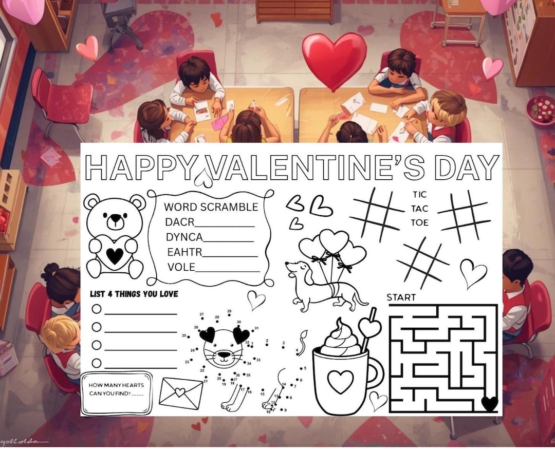 Kids Valentine Coloring Placemat | Printable Activity Sheet (digital ...