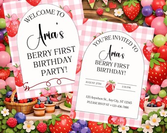 Bewerkbare uitnodiging voor eerste verjaardag Berry en welkomstbord (digitale download)