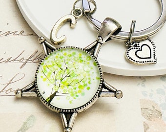 Silver tree keyring gift, Glass cabochon keychain for mom ,Family tree keyring, Tree of life keyring,Initial keychain, Keyring personalized,