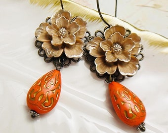 Vintage Style Floral Dangle Earrings - Orange Flower Jewelry for Her - Unique Sakura Earrings - Perfect Christmas Gift Idea