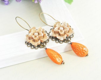 Vintage Style Floral Dangle Earrings - Orange Flower Jewelry for Her - Unique Sakura Earrings - Perfect Christmas Gift Idea