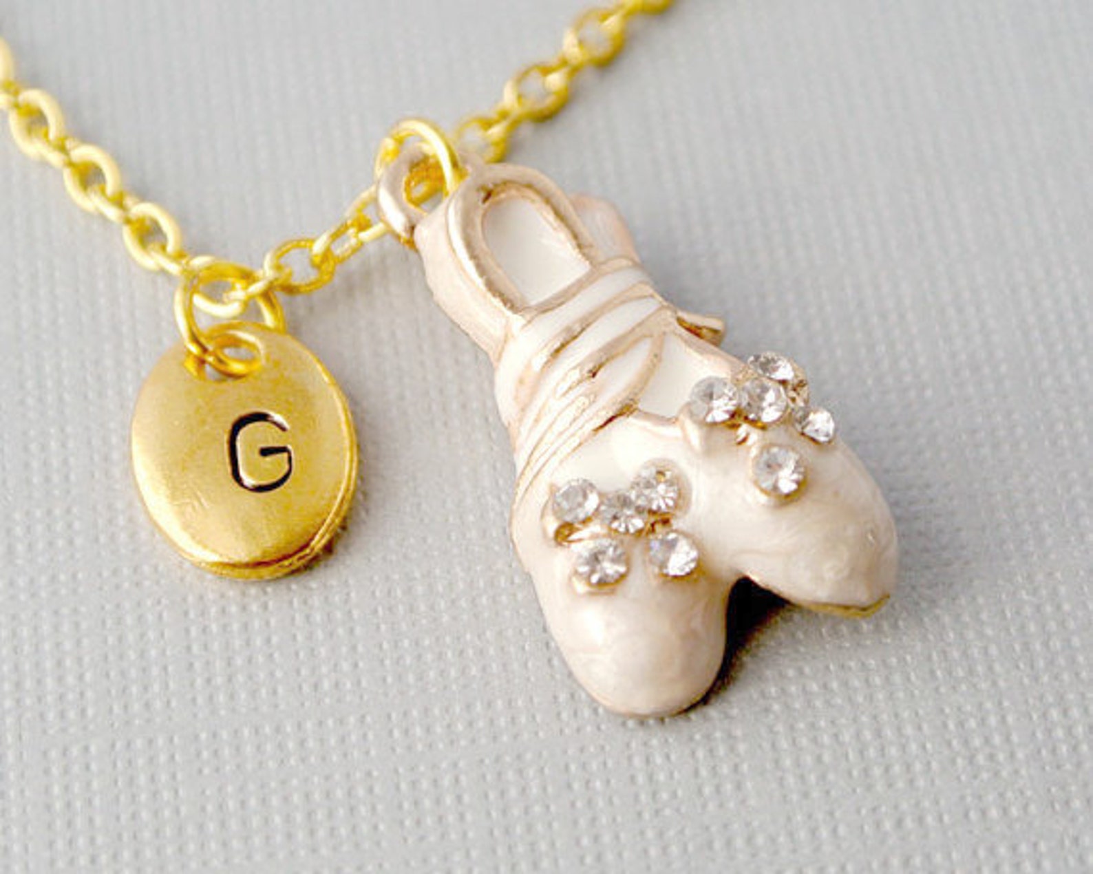 ballet shoes necklace-personalized hand-stamped initial gold tone & white charm-gift for her
