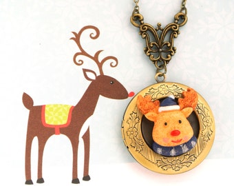 Reindeer Locket Necklace for Christmas Gift