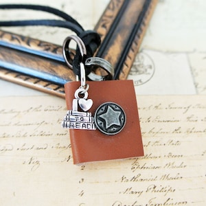 Tan leather book necklace for book lover-Miniature book jewelry for librarian gift- I love to read necklace gift for her-Mini book necklace