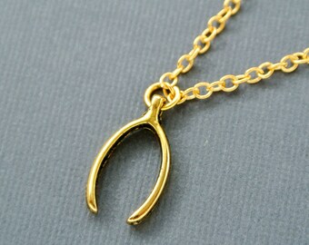 May include: A gold-colored necklace with a wishbone pendant. The necklace is made of a delicate chain.