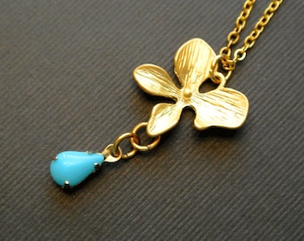 Gold orchid flower necklace with turquoise teardrop stone-Orchid pendant jewelry gift for her-Flower jewelry for bridesmaid gifts-Floral