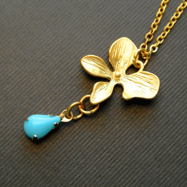 Gold orchid flower necklace with turquoise teardrop stone-Orchid pendant jewelry gift for her-Flower jewelry for bridesmaid gifts-Floral