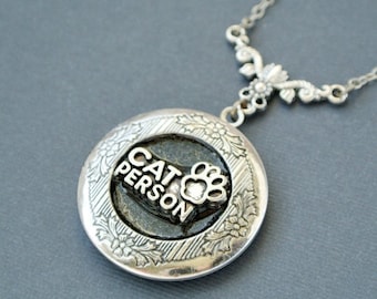 Cat person locket necklace gift for her-Kitty locket jewelry for cat lover gift-Silver pet jewelry for birthday gift-Cat paw locket necklace