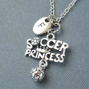 Soccer Princess Crown and Ball Charm Necklace, Antique Silver Hand Stamped Initial Monogram,Personalized Jewelry, Little Girls Jewelry