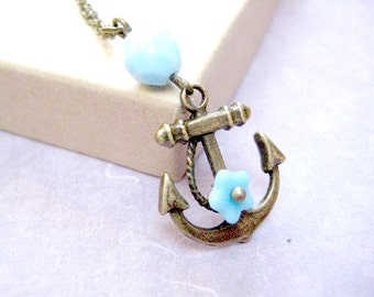 Anchor necklace for women-Vintage nautical jewelry with blue flower-Anchor dainty necklace-Simple necklace gift for her-Beach Necklace