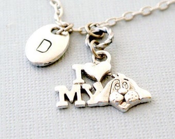 Personalized initial I love my dog necklace- Hand stamped puppy necklace for dog lover gift-Initial pet jewelry gift for her-Pet memorial