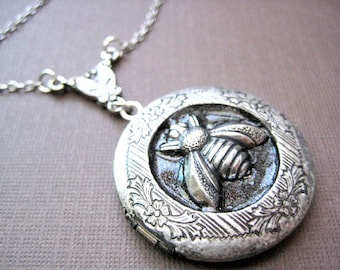 Bee Locket Necklace,Silver Locket Necklace, Bee Pendant Necklace