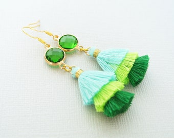 Fringe earrings boho gift for Christmas,Green tier tassel earrings gift for her