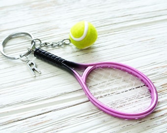 Personalized initial tennis ball keychain gift for her,Pink tennis keychain for tennis team gift,Custom tennis racket keyring for tennis fan