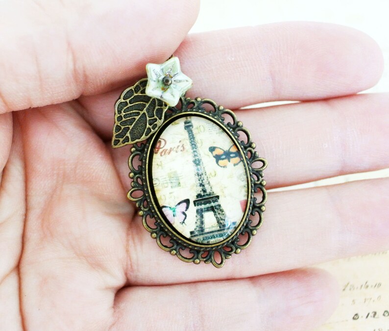 Shabby chic Paris necklace Glass charm necklace image 5