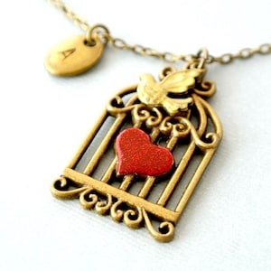 Bird in a cage necklace, Bird Cage Necklace, Valentine Jewelry,Personalized Initial Bird Necklace, Initial Necklace