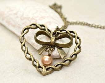 Heart necklace with butterfly knot and pearl-Heart jewelry gift for her-Love necklace for valentine's day-Delicate necklace Christmas gift