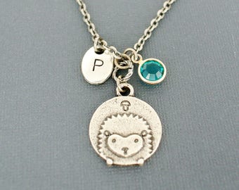 Cute hedgehog necklace-Personalized hand stamped initial necklace with birthstone-Monogram necklace-Birthday personalized gifts for her