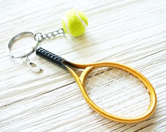 Yellow tennis racket custom keyring for tennis lover,Personalized tennis ball keychain for coach gift,Sports initial keychain gift for dad