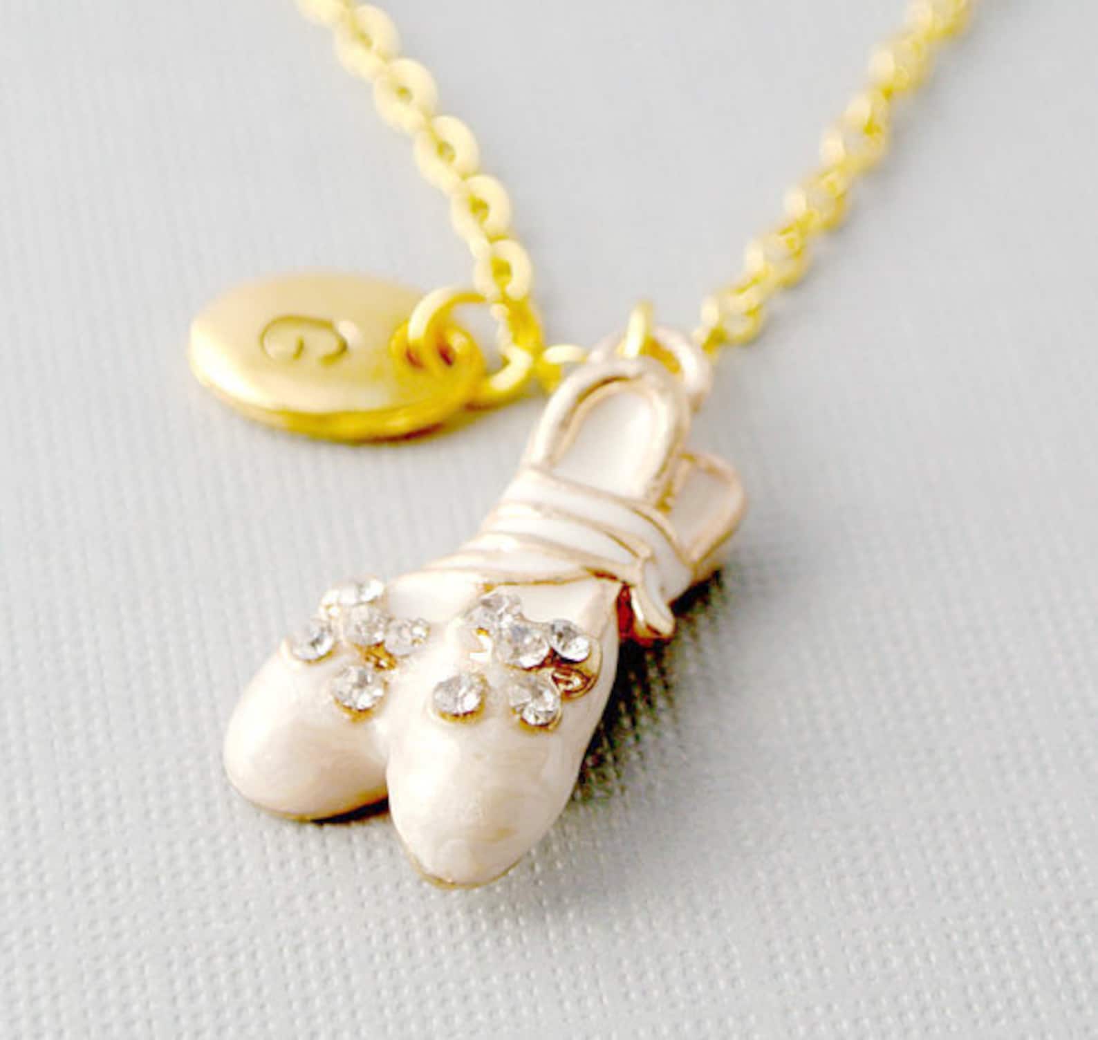 ballet shoes necklace-personalized hand-stamped initial gold tone & white charm-gift for her