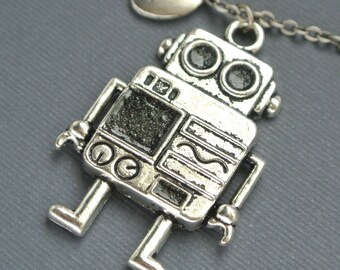 Robot Necklace-Antique Silver Robot Charm Jewelry-Initial Necklace-Initial Hand Stamped-Personalized Jewelry-Gift for her