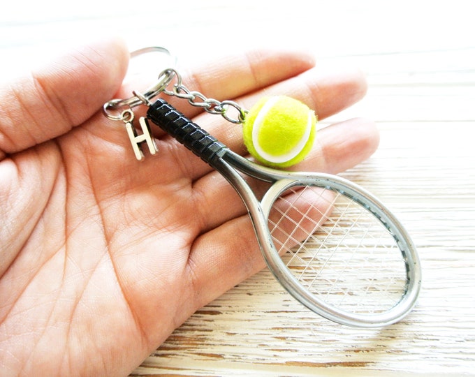 Sports tennis racket keychain for tennis team gift-Silver monogram initial tennis keychain for coach gift-Personalized gift for tennis lover