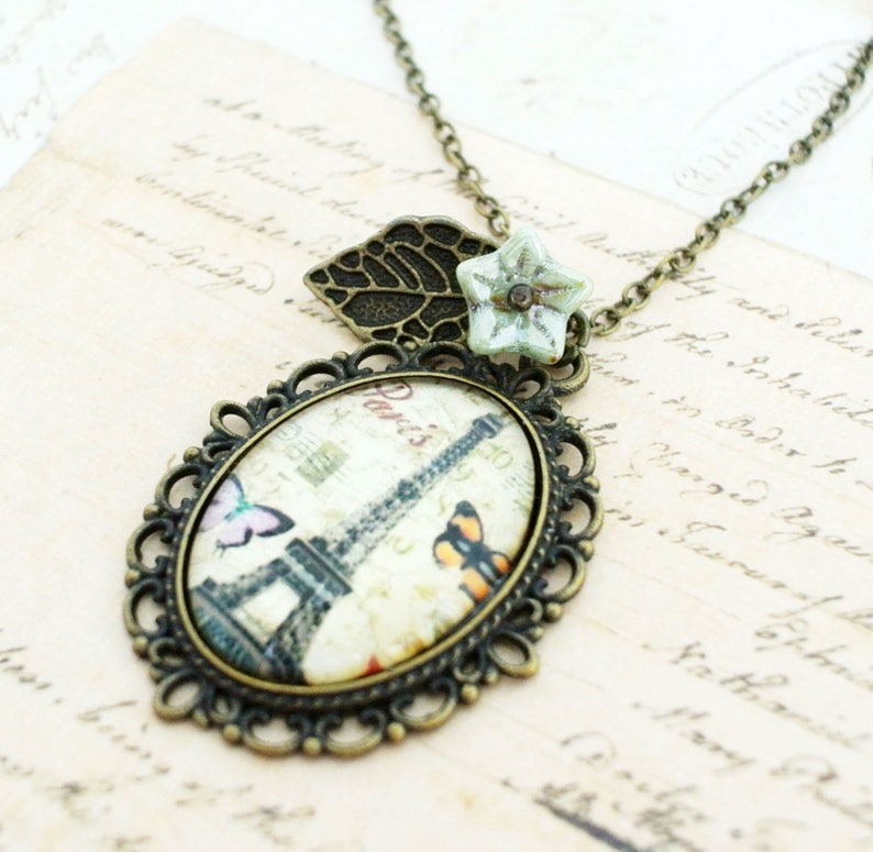 Shabby chic Paris necklace Glass charm necklace image 3