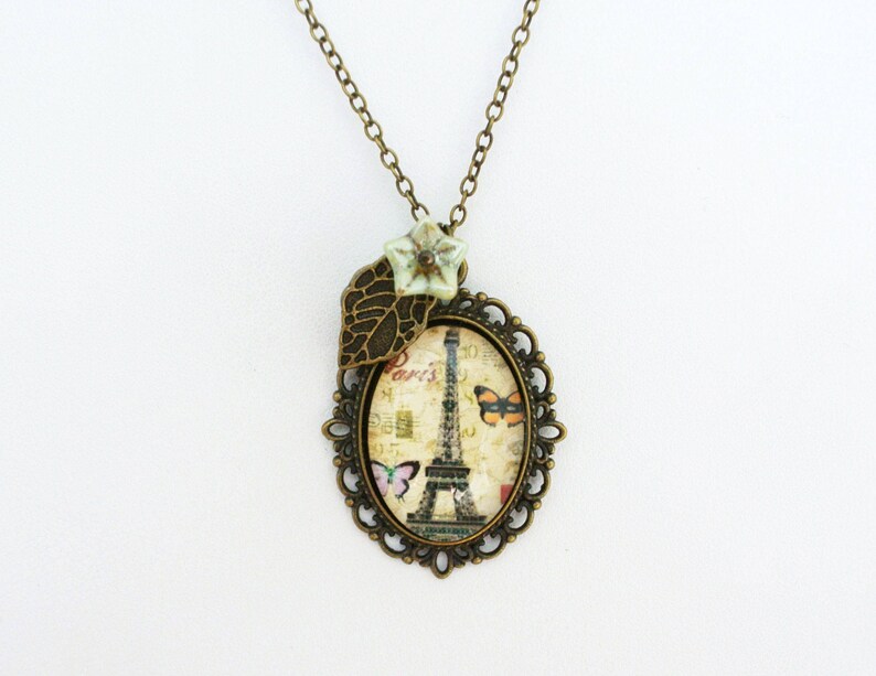 Shabby chic Paris necklace Glass charm necklace image 6