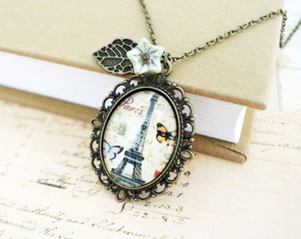 Shabby chic Paris necklace - Glass charm necklace