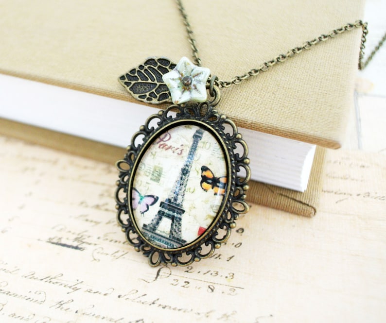 Shabby chic Paris necklace Glass charm necklace image 1