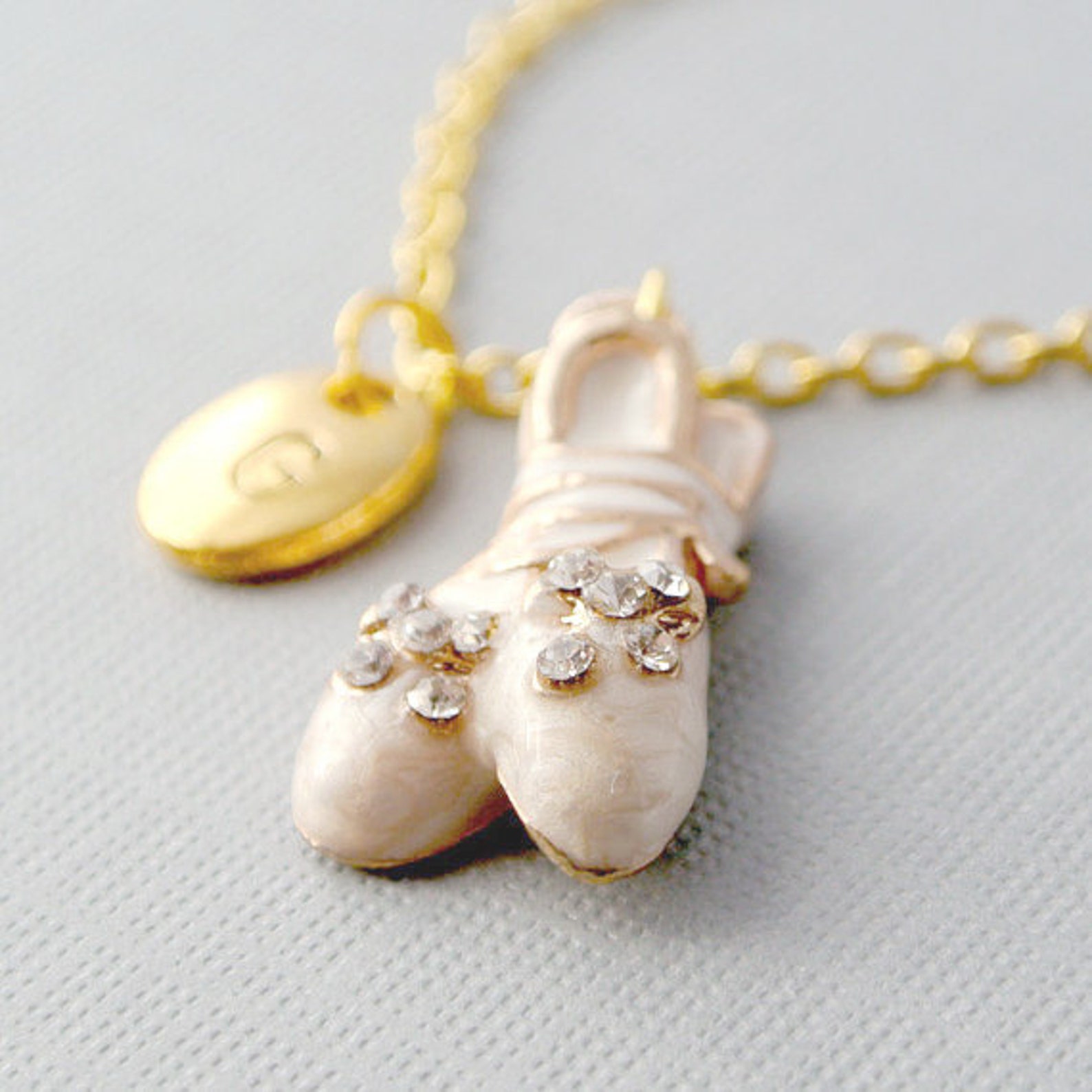 ballet shoes necklace-personalized hand-stamped initial gold tone & white charm-gift for her