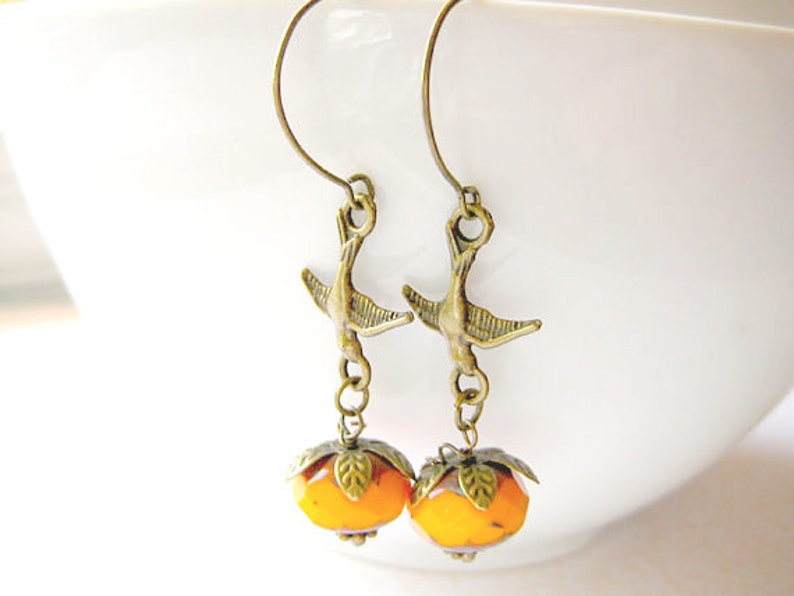 Swallow with Pumpkin Earring, Pumpkin Earrings, Halloween Jewelry, Thankgiving Jewelry image 1