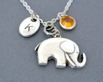 Silver elephant necklace initial with birthstone, Lucky elephant pendant, Personalized Jewelry,Good luck necklace, Friendship necklace