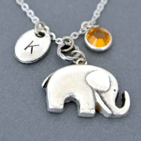 Silver elephant necklace initial with birthstone, Lucky elephant pendant, Personalized Jewelry,Good luck necklace, Friendship necklace