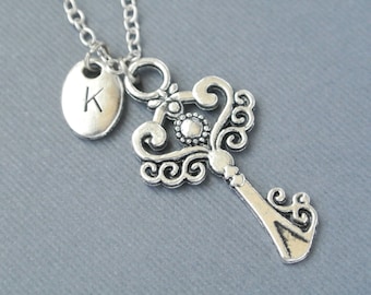 Skeleton Key Necklace,Key Necklace, Silver Key Necklace,Initial Necklace, Personalized, Key Pendant Necklace