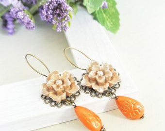 Vintage Style Floral Earrings- Dangle Flower Earrings-Orange Flower Earrings-Sakura Earrings-Gift For Her-Christmas Gift