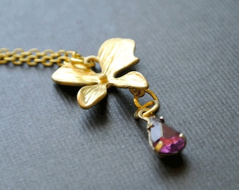 Gold orchid necklace with amethyst teardrop stone-Orchid flowers necklace gift for her-Orchid Jewelry gift for mom-Bridesmaid jewelry-Floral