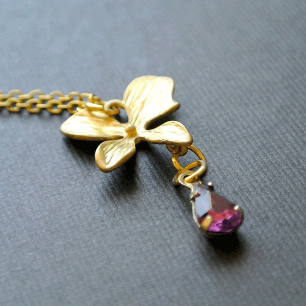 Gold orchid necklace with amethyst teardrop stone-Orchid flowers necklace gift for her-Orchid Jewelry gift for mom-Bridesmaid jewelry-Floral