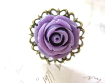 Purple Rose Filigree Ring - Adjustable in Antique Bronze Finish with Resin Cabochon