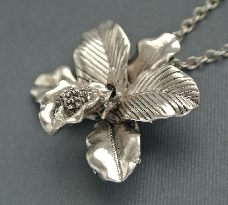 Antique style silver color orchid flower necklace gift for her-Flower necklace gift for mom-Orchid jewelry-Wedding jewelry Floral gift image 1