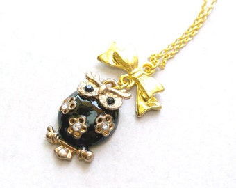 Black Owl Necklace ,Rhinestone Jewelry, owl Necklace